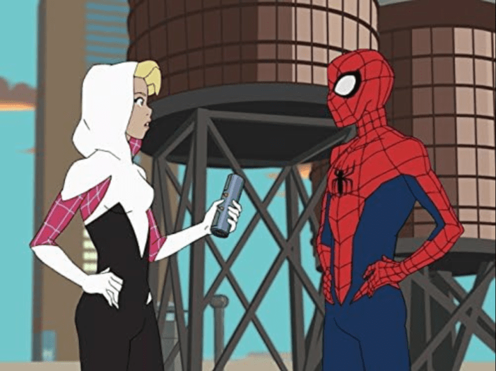 Spider-Man meets up with Gwen Stacy as Ghost Spider, in a white and punk hoodie by a water tower.
